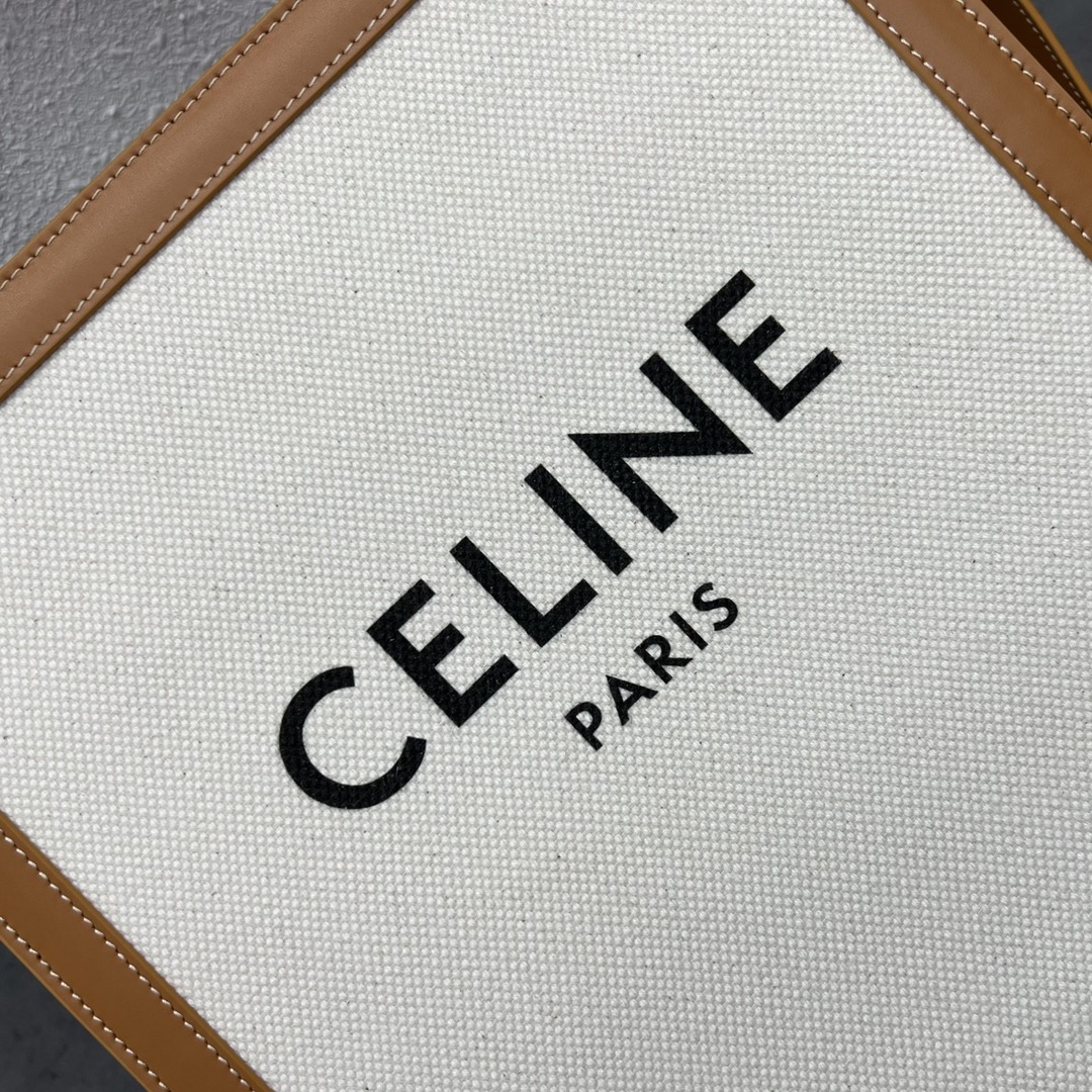 Celine Small Vertical Cabas In Textile With Celine Print And Calfskin White/Tan 192082